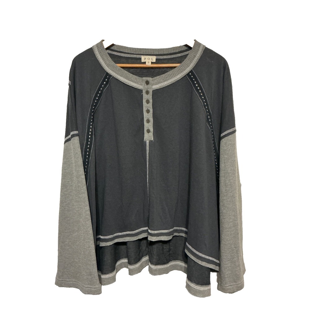 POL Oversized Top Size S Gray Grunge Boho Crochet Waffle Trim Boxy Slouchy Knit